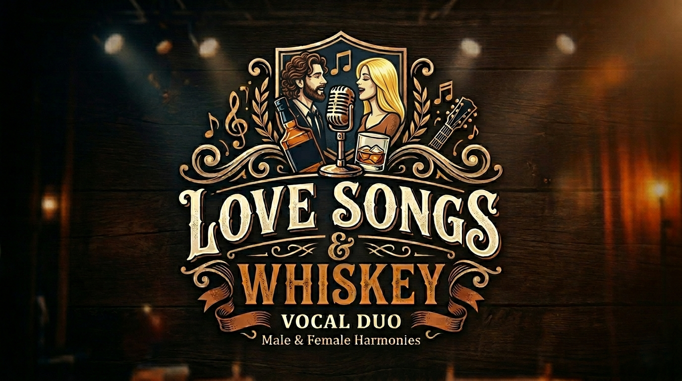 a vintage-looking logo depicting a bearded man and blonde woman singing into a microphone surrounded by musical notes and guitar, with the words 'Love Songs & Whiskey' styled as if it were a carved wooden logo